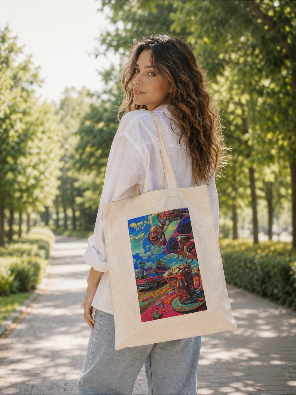 Cotton 100% Canvas Tote Bag with Colorful Surreal Print